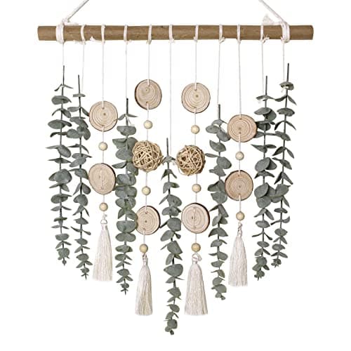 Bathroom Decor Artificial Eucalyptus Greenery Hanging Wall Decor Faux Eucalyptus Leaves Hanging Plant on Wooden Stick with Wicker Ball Rustic Farmhouse for Bedroom Nursery Boho Wall Decorations