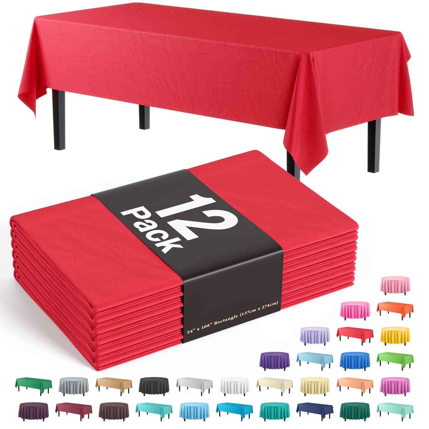 Party Solids 12Pack Premium Plastic Tablecloth 54in x 108in Rectangle Table Cover Red