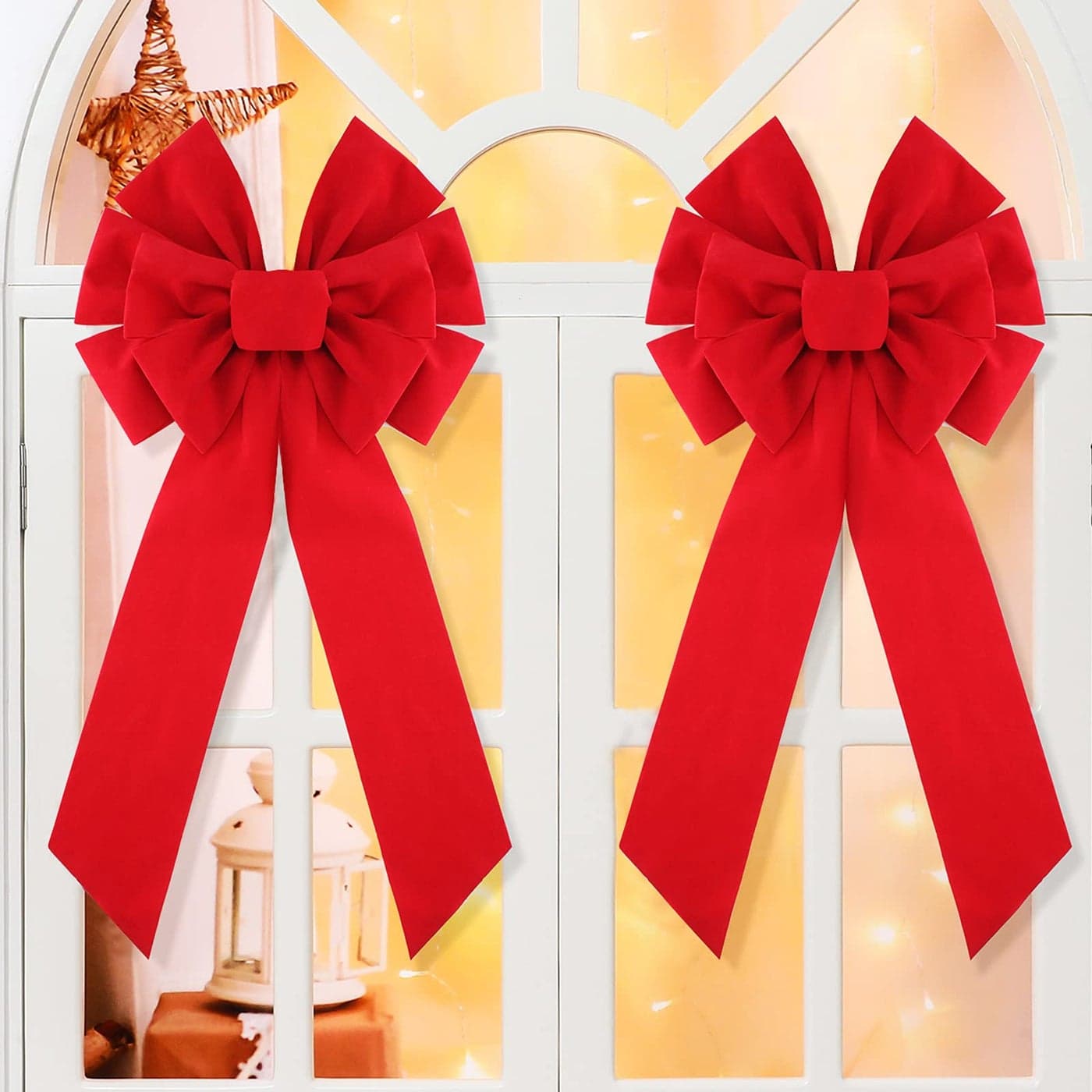 Syhood Large Red Christmas Velvet Bows 13 x 25 Inch Red Velvet Christmas Tree Hanging Bow Holiday Ornaments for Festival Home Xmas Tree Indoor Outdoor Decorations4 Pieces
