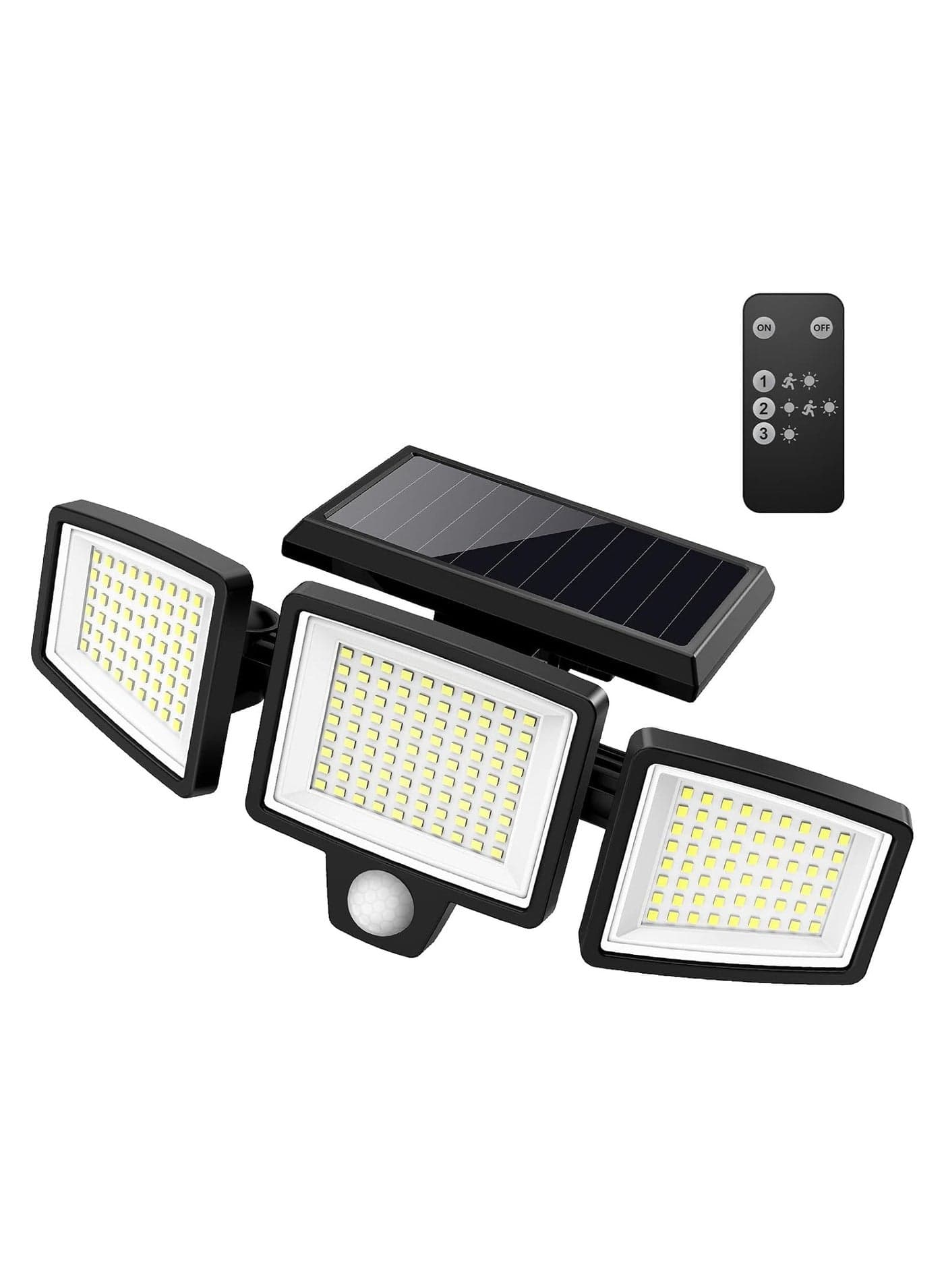 Solar Outdoor Lights with 210 LED Beads 2500 Lumen Motion Sensor Floodlight Remote Controlled IP65 Waterproof Three-Head Security Light 360 Degree Wide Angle Illumination with Three Modes
