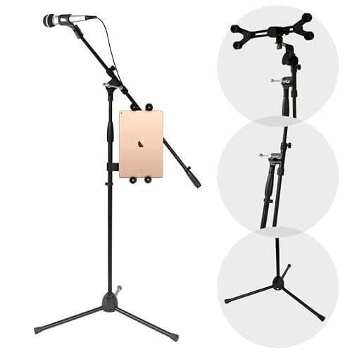 PylePro 4 in 1 Multimedia Microphone Stand w IpadTablet holder Universal Mic Holder Adjustable Extender Bar w MultiMount Boom Clip Sturdy and Durable PMKSPAD1