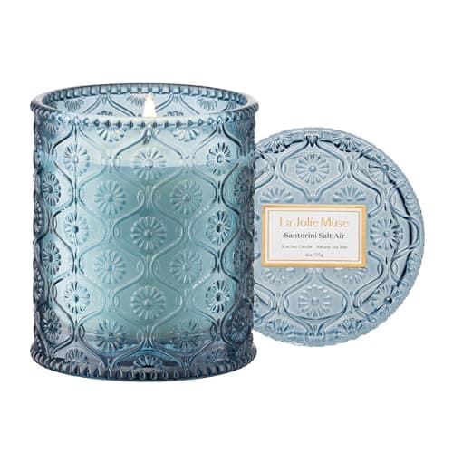 LA JOLIE MUSE Santorini Salt Air Candle Bergamot Sea Daffodil Sandalwood 6 oz Natural Soy Wax 40 Hours Clean Burn Ocean Scented Candle GiftReady for Hosts Gatherings