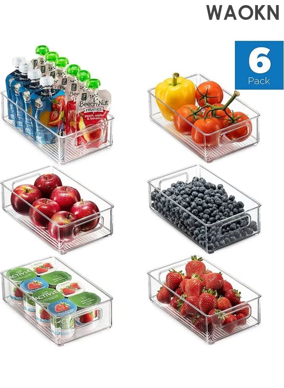Set of 6 Refrigerator Organizers , Stackable Refrigerator Organizers with Hollow Handles for Refrigerators , Kitchens , Countertops , Cabinets and bedroom , Clear Plastic Pantry Food Shelves , clear .