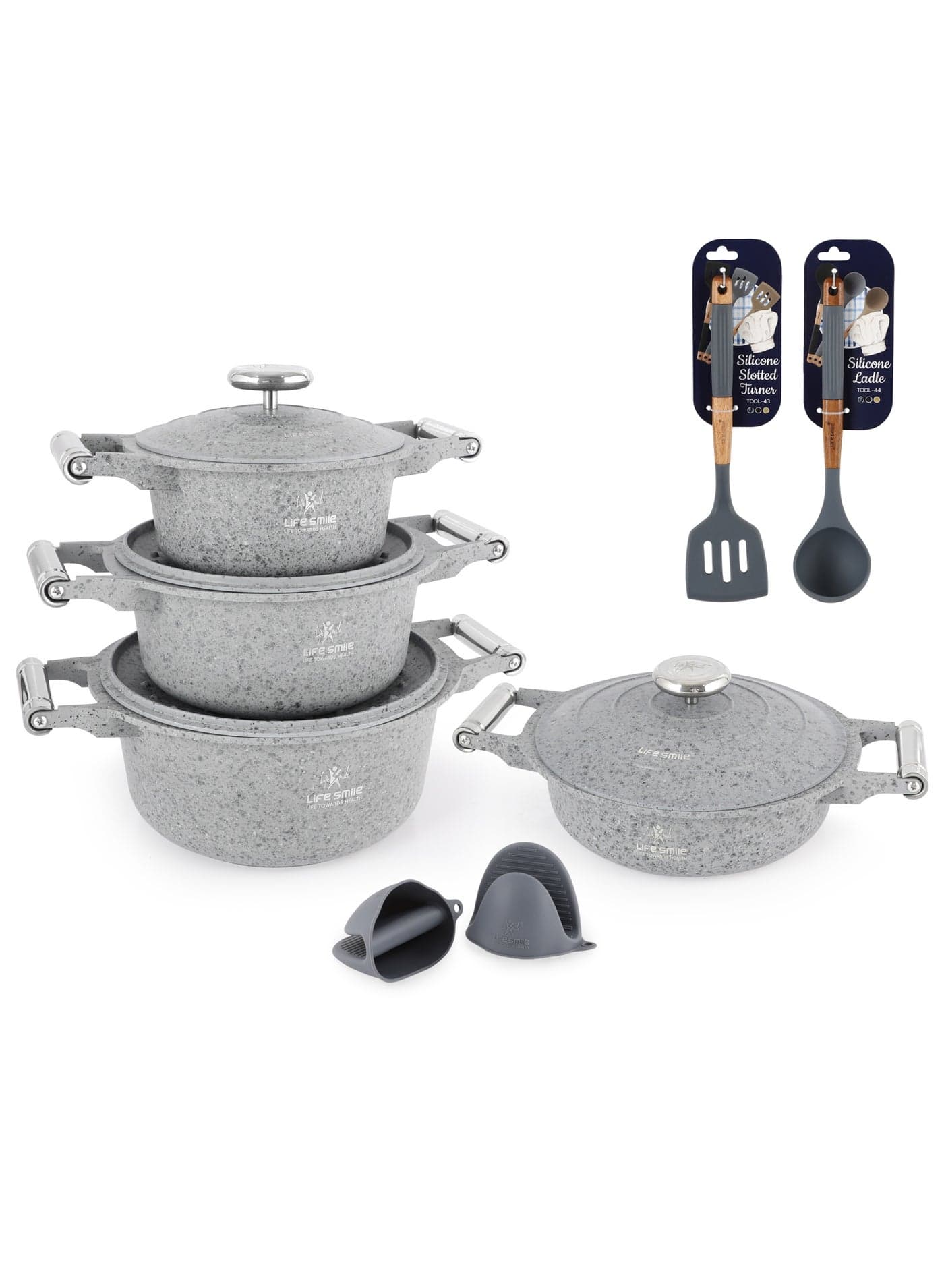 Life Smile 12-Piece Granite Cookware Set with Lids, Kitchen Tools & Silicone Gloves | Induction Compatible | 20cm (2.6L), 24cm (4.4L), 28cm (7.1L) Soup Pots & 26cm (3.6L) Shallow Pot