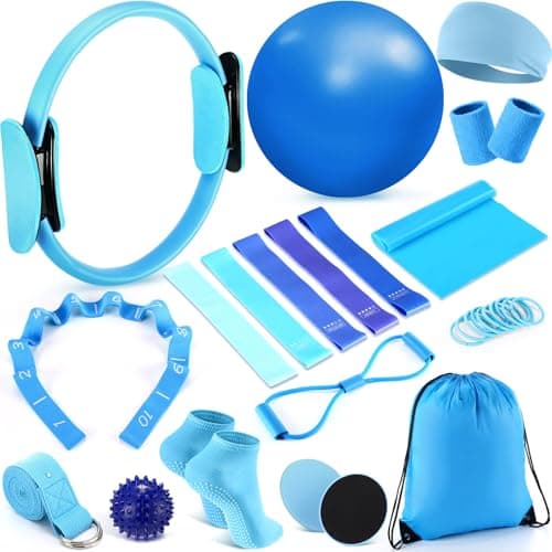 Poen 18 Pcs Home Pilates Ball and Ring Circle Set Yoga Fitness Essentials Kit with 5 Resistance Band Stretching Strap Non Slip Sock Ball Core Slider Wristband Headband Gym Bag for WomenBlue
