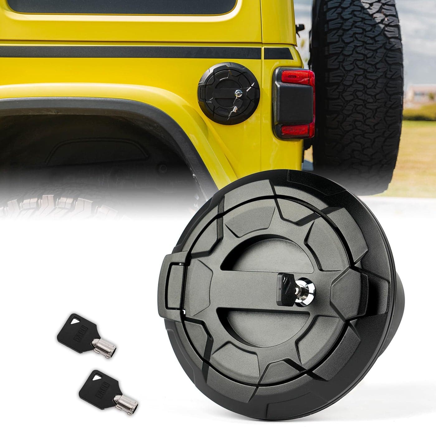 Xprite Locking Gas Tank Cap Cover Compatible with Jeep Wrangler 20182025 JL JLU 24 Door Unlimited OffRoad Aluminum Lock Fuel Filler Door Cover Wheel Pattern