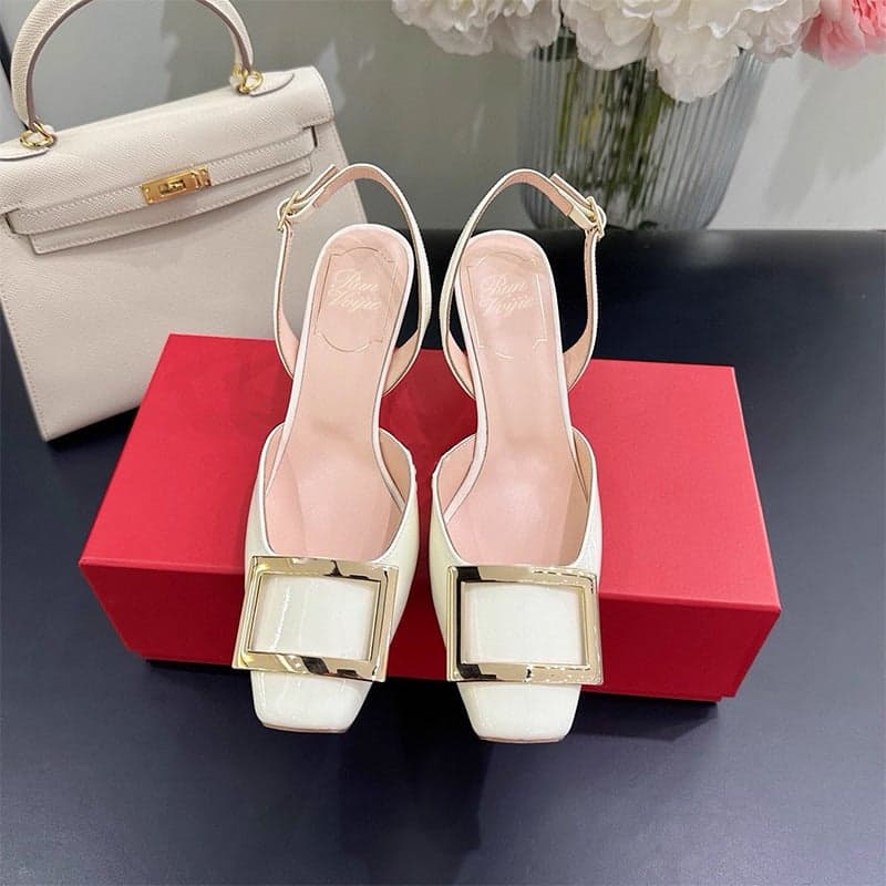 Rv High-Heeled Shoes For Women, High-End, Non-Tiring, Work Clothing, Square-Toe Patent Leather Square-Button Flats, Back Strap, Stiletto Heels, Hollow Sandals