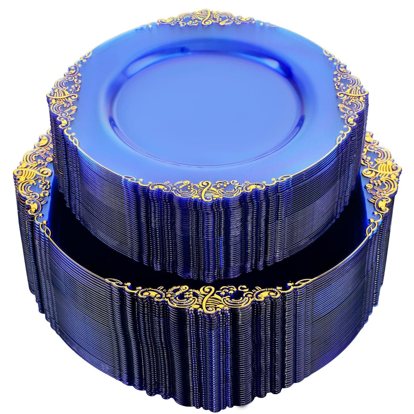 Joyido 102PCS Blue Plastic Plates Royal Gold Disposable Plates Clear Blue Party Plate Heavyweight Disposable Plate with Gold Rim Fancy Dinner Dessert Plates for 51 Guests Graduation Weddings