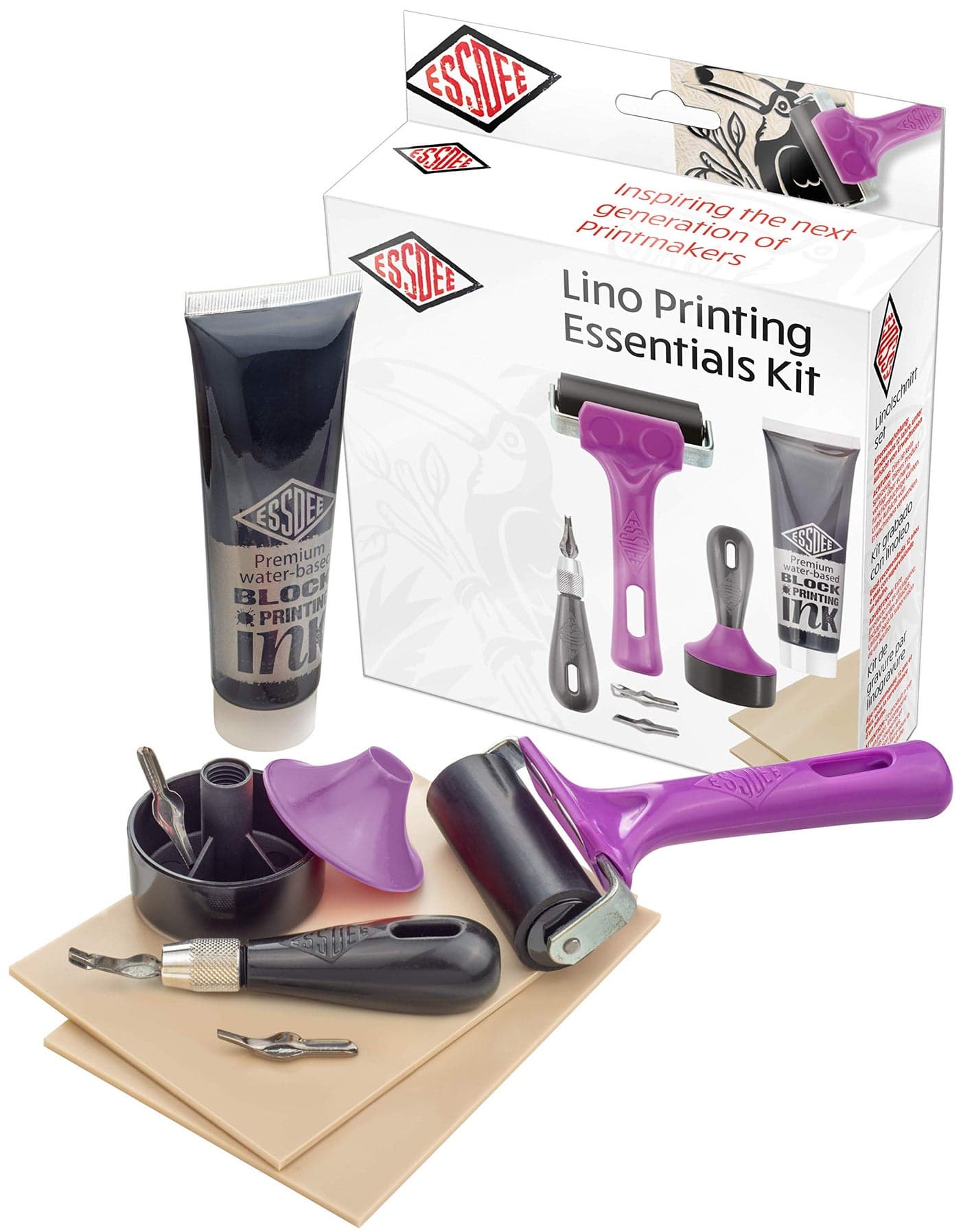 ESSDEE Block Printing Essentials Kit Includes 2 Ink Rollers 3 Lino Cutters Lino Handle Printing Ink and Carving Block Used in Art Craft and Carving Stamps Made in The UK