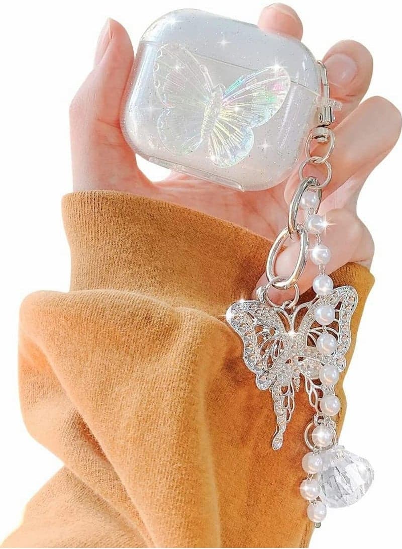 Compatible with AirPods 3 Case Cover, 3rd Generation 2021, with Cute 3D Clear Glitter Butterfly Design Smooth Soft TPU Cover Case for Airpods 3, Pretty Design Bling Shiny Stylish with Keychain