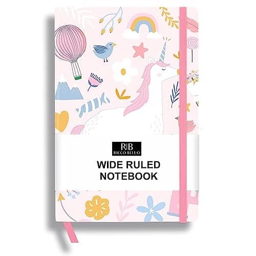 RICCO BELLO Wide Ruled Hardcover Diary Journal School Notebook for Kids, Tweens - Bookmark, Band Closure, Storage Pocket, 5.7 x 8.4 Inches, 192 Pages, (Pink Unicorn)
