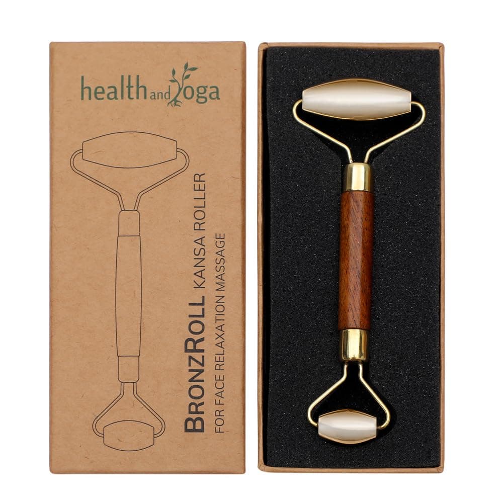 HealthAndYoga BronzRoll Kansa Face Roller Fine Wood Grip WITH Beauty Face Oil Premium Luster Restoring and Skin Stimulation and Detox Tool Gentle Soft Tissue Massage Ayurvedic Toning