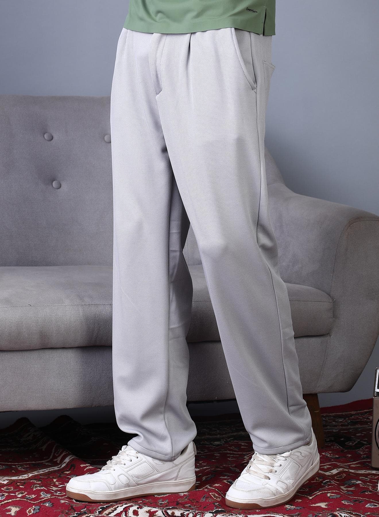 Men's Cloud Grey Micro-Waffle Straight Trousers For Casual Wear | Mid-Rise | Straight Fit | Drawstring Closure | Trousers Crafted With Comfort Fit For Everyday Wear