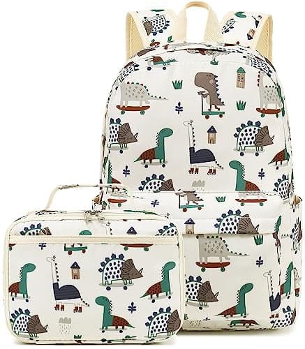 Kids School Backpack with Lunch Box for Boy Kindergarten BookBag School Bag Preschool Kindergarten Toddler Backpack (Dinosaur Beige)
