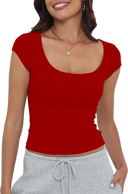 XOLANI Womens Short Sleeve Scoop Neck Basic Crop Top Summer Fitted Teen Tee Shirt Blouses for Girls L2663 VK1051 (M, RED)