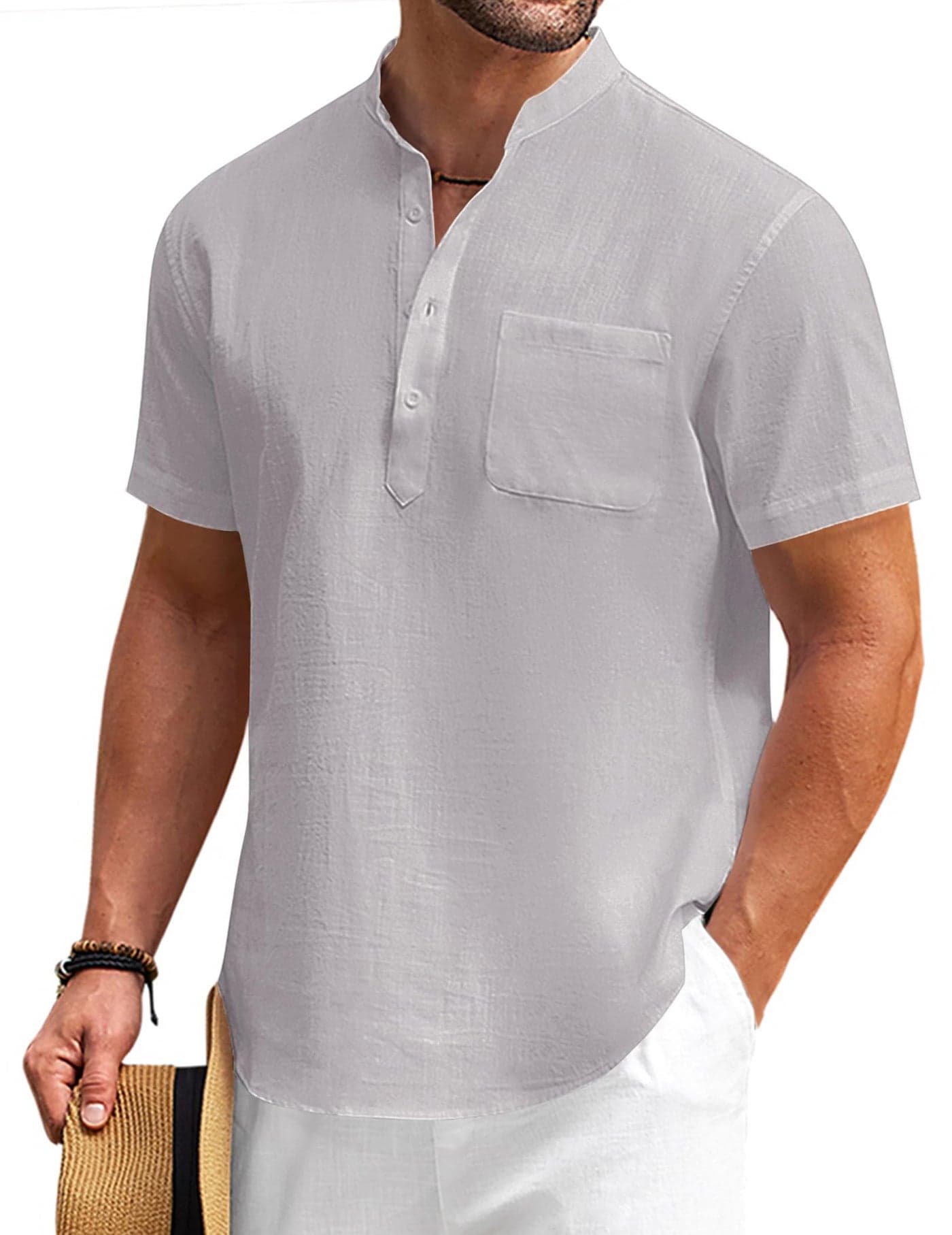 COOFANDY Men's Cotton Linen Henley Shirt Short Sleeve Hippie Casual Beach T-Shirts with Pocket Grey
