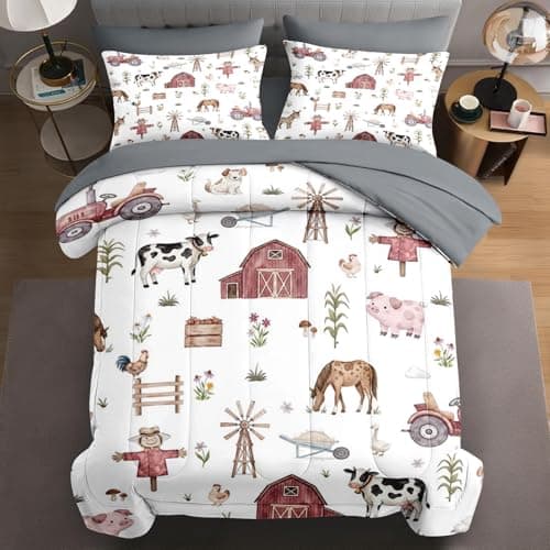 WeCozy 7 Pcs Full Size Comforter Set with 2 Pillowcases & 2 Shams, Farm House Tractor Bedding for Kids and Adults, Village Tree Horse Bed in a Bag with Flat Fitted Sheet