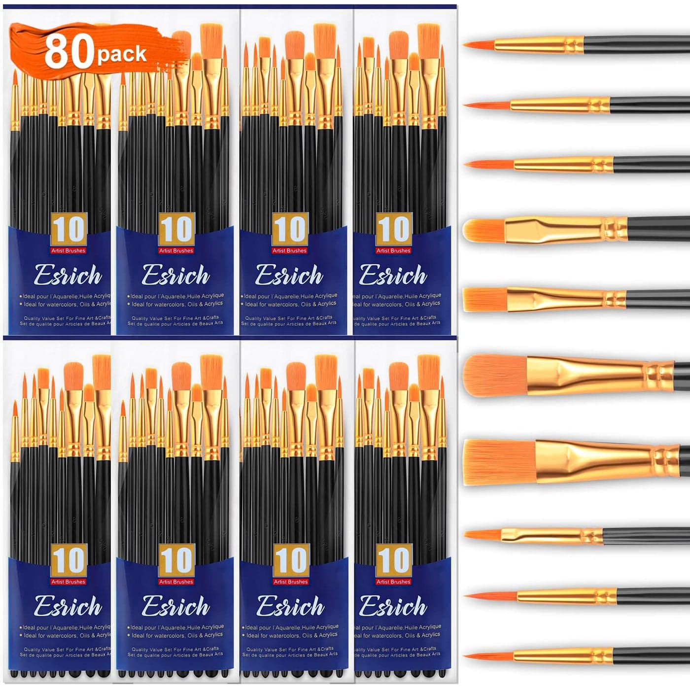 ESRICH Acrylic Paint Brushes Set8Packs 80 Pcs Black Nylon Paintbrushes Suitable for Acrylic Oil Watercolor Rock Body Face Nail ArtPerfect Suit of Art Painting Best Gift for Kids Adult Drawing