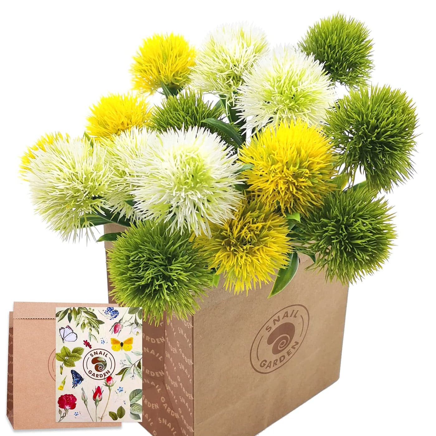 SNAIL GARDEN 15Pcs Artificial Dandelion Artificial Flowers Plants Bouquet with 1 Vase Kraft Paper BagPlastic Shrubs Brushes Plant Fake Grass for Indoor OutdoorWhiteYellowGreen