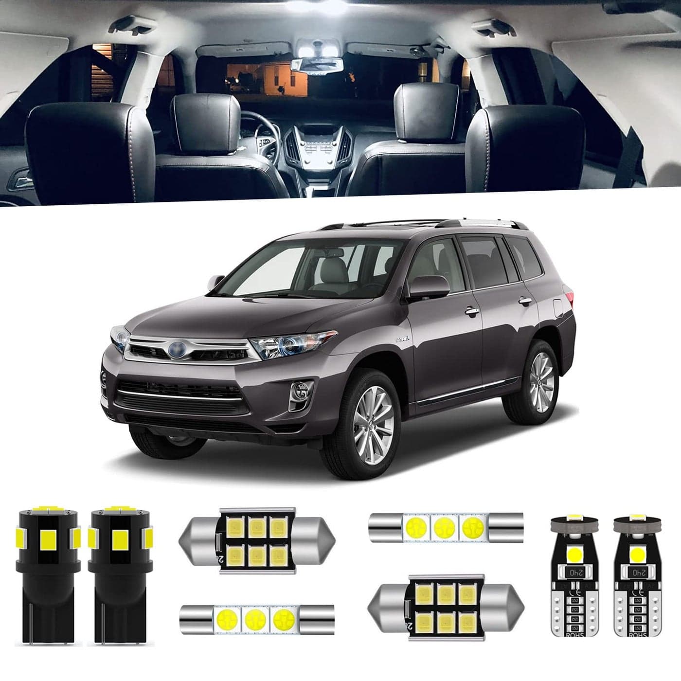 ENDPAGE 14pcs Highlander LED Interior Light Kit for Toyota Highlander 2008 2009 2010 2011 2012 2013 White 6000K Interior LED Lighting Package License Plate Lights Install Tool