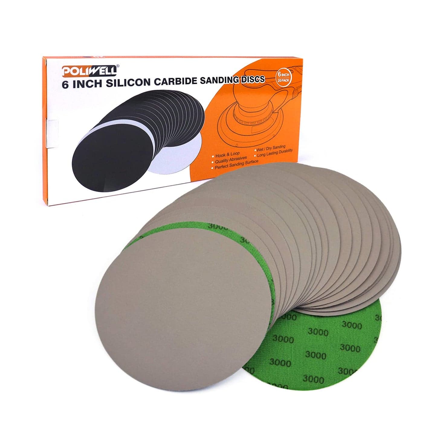 6 Inch 150mm 3000 Grit High Performance Waterproof Hook Loop Sanding Discs Heavy Duty Silicon Carbide Round Flocking Sandpaper for WetDry Sanding Grinder Polishing Accessories 20Pack