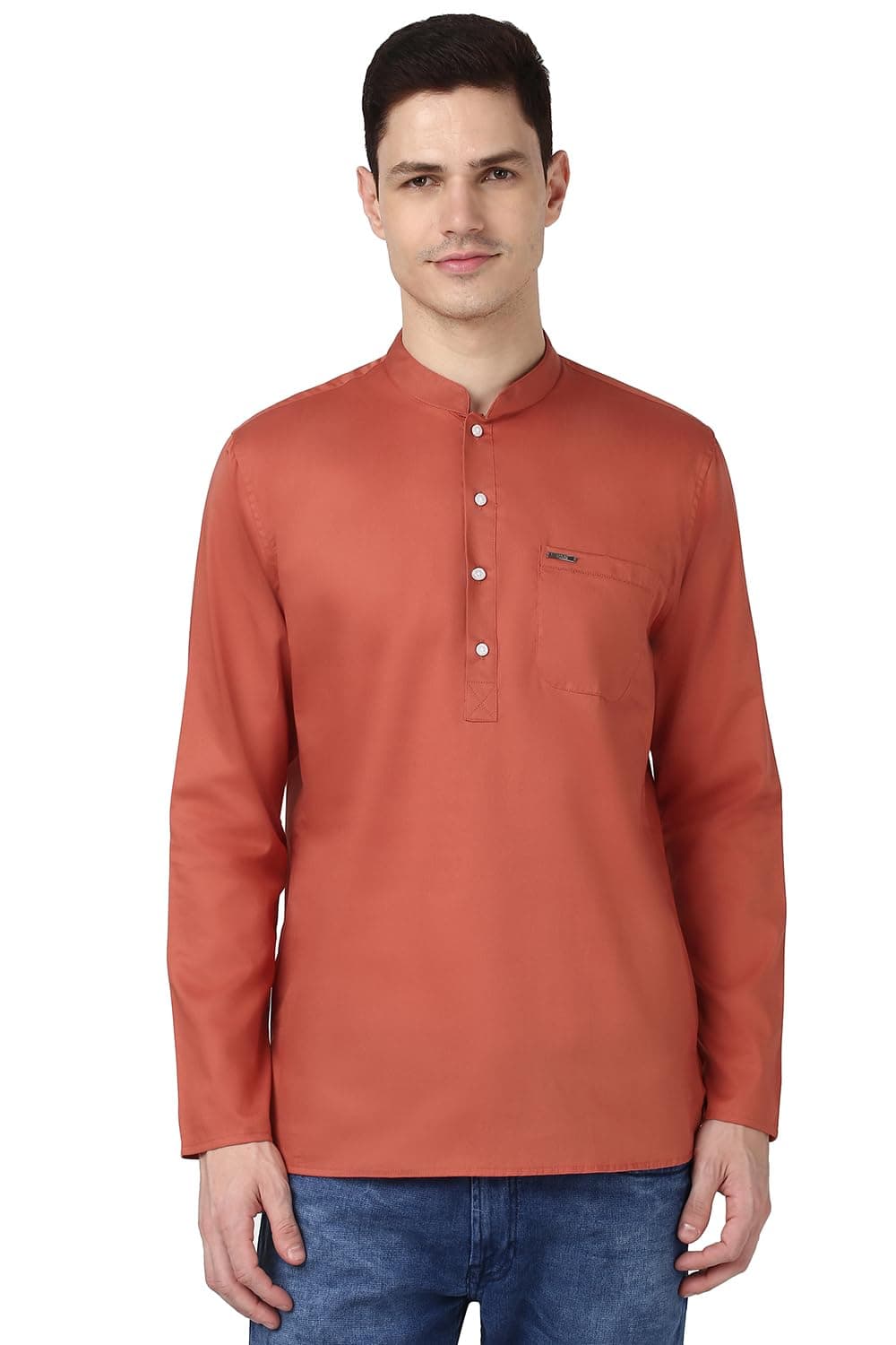 Peter England Men's Everyday Festive Solid Short Kurta Cotton Rust