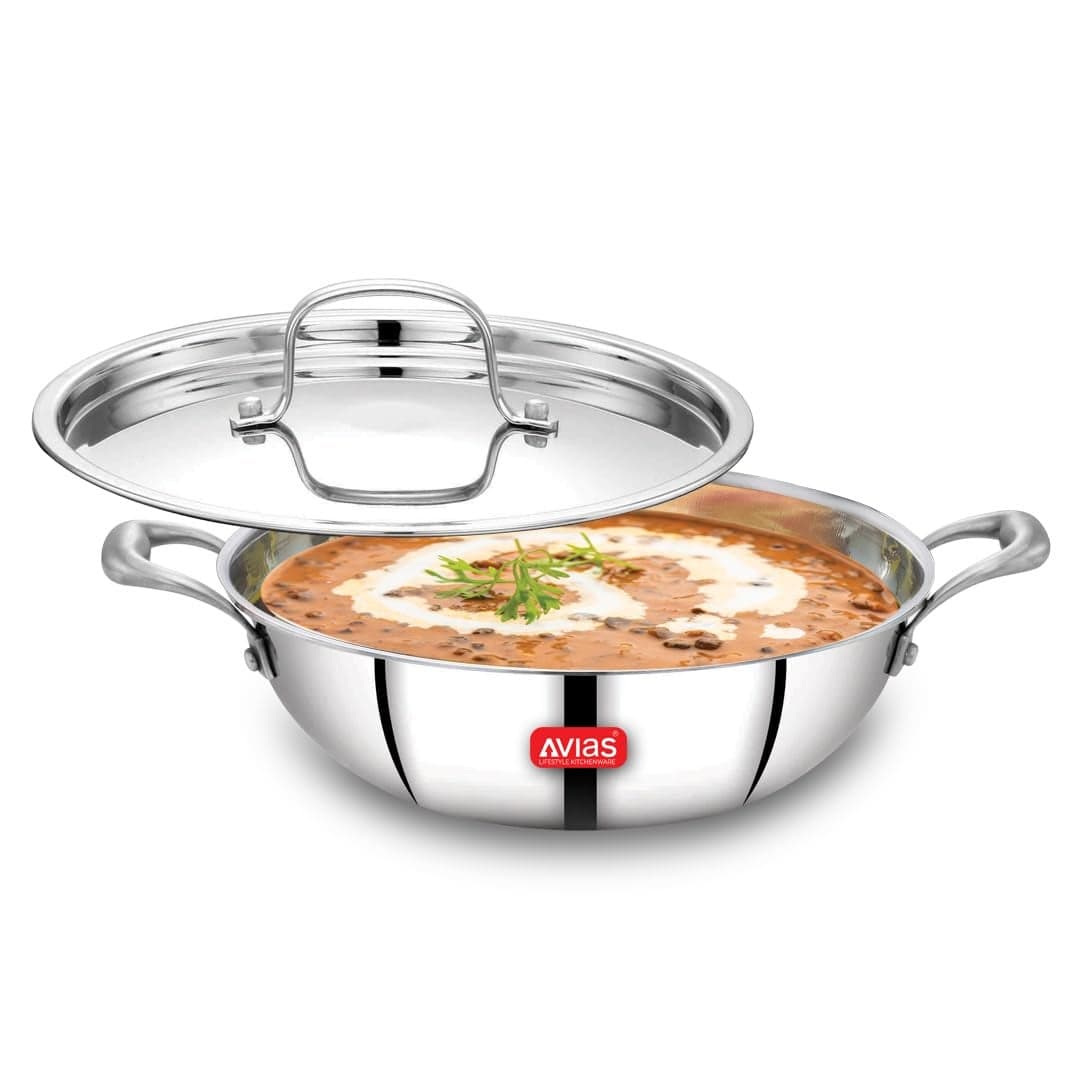 AVIAS Riara Triply Kadhai with Lid 5 Years Warranty Stainless Steel Kadai with Flat Bottom Steel Casted Handles 25 Mm Thickness Induction Base 2 Litre 22cm