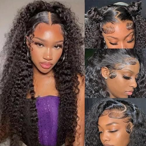 ANDRIA 13x4 Lace Front Wigs 200 Density Deep Wave Wig Black Curly Wig PrePlucked Glueless Lace Frontal Wigs Lace Front Wig with Baby Hair Heat Resistant Synthetic Hair Deep Curly Long Wigs 26 Inch