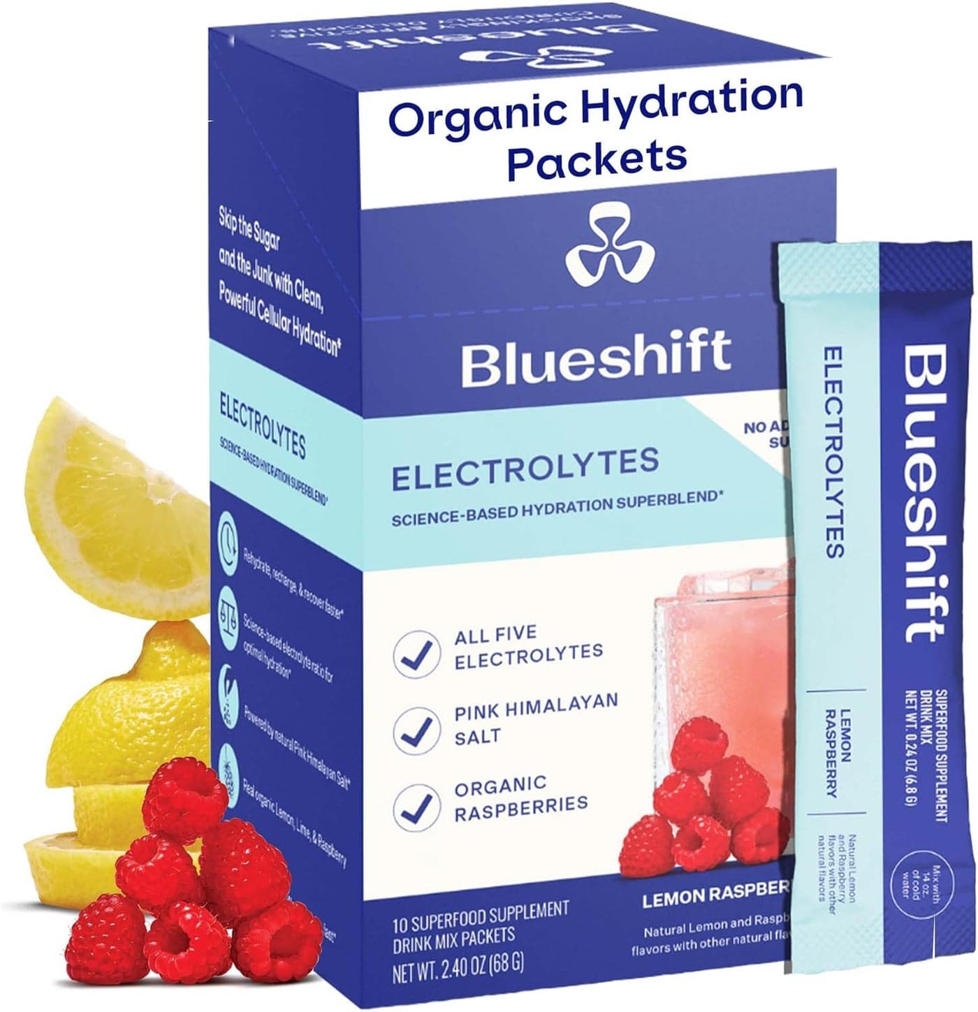 Electrolytes Natural Electrolytes Powder Packets Organic Hydration Packets Electrolyte Drink Mix Sticks with No Sugar Single Serve Pack Lemon Raspberry Flavor Powder Sticks 10 Pack