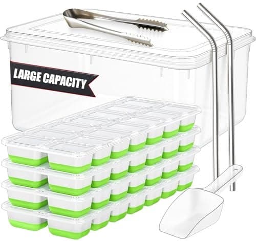 56pcs Ice Cube Tray with Lid and Bin Stackable 4 Trays Plastic Silicone Freezer Mold Large Ice Bucket with Scoop Tong 2 SS Straws Easy Release Ice Maker for Cocktail Coffee RV Whiskey