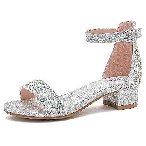 Dufannie Girls Silver Sandals Size 3 Big Kid Rhinestone Ankle-Strap Open Toe Block Heel 1.2 inches Wedding Party Pageant Easter Casual Fashion Casual SANDAL