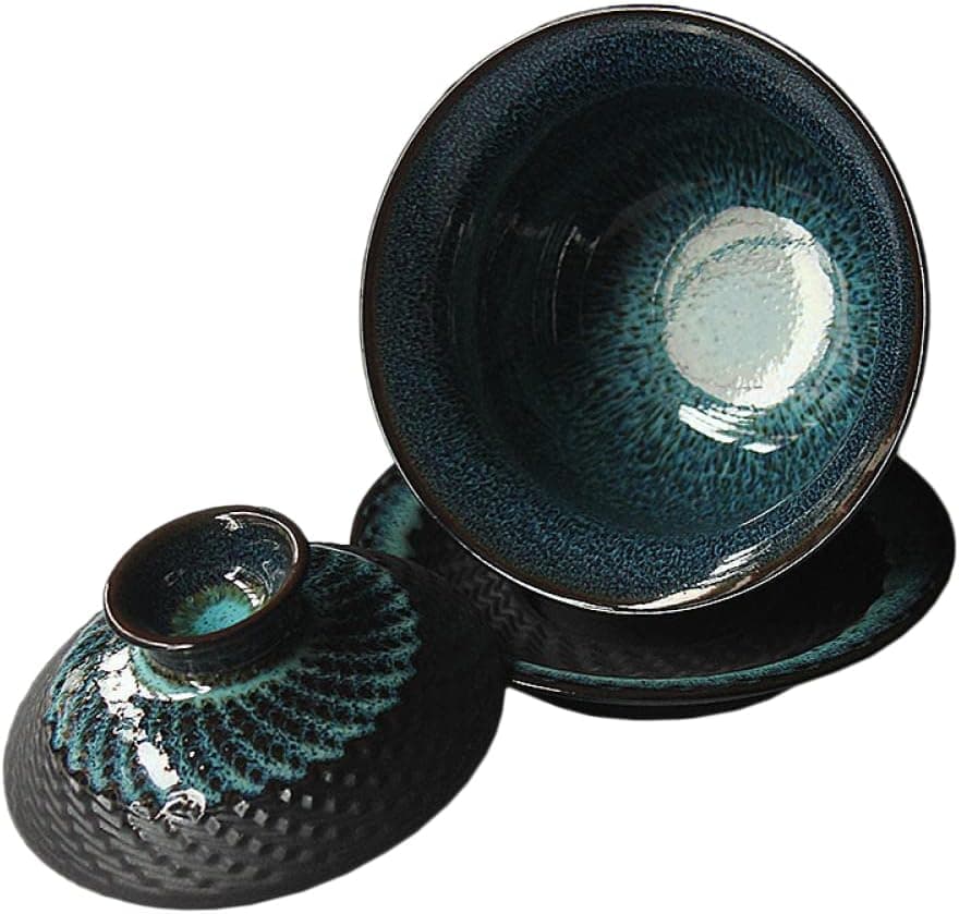 Gaolinci Kiln Glazed Ceramic Jianzhan Teacup Kung Fu Tea Cup and Saucer with Lid 5 Oz Sancai Gaiwan