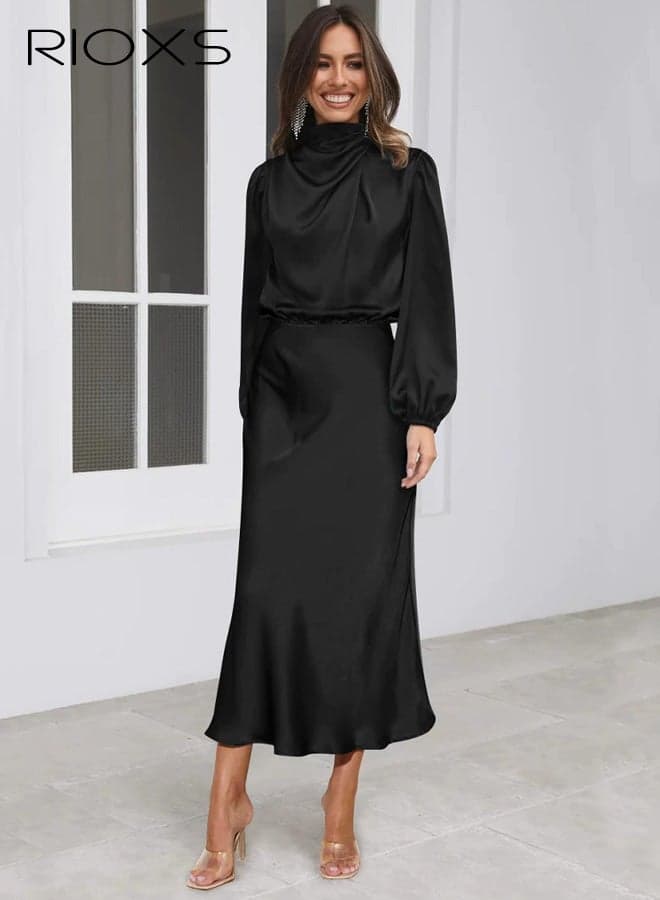 Women's Long Sleeve Mock Neck Satin Dress Dress, Elastic High Waist Long Party Dress for Ladies, Summer Breathable Formal Gown Dress, Elegant Business Casual Work Graduation Cocktail Max Dress, Suitable for Wedding, Party, Dating, Office and More, Black