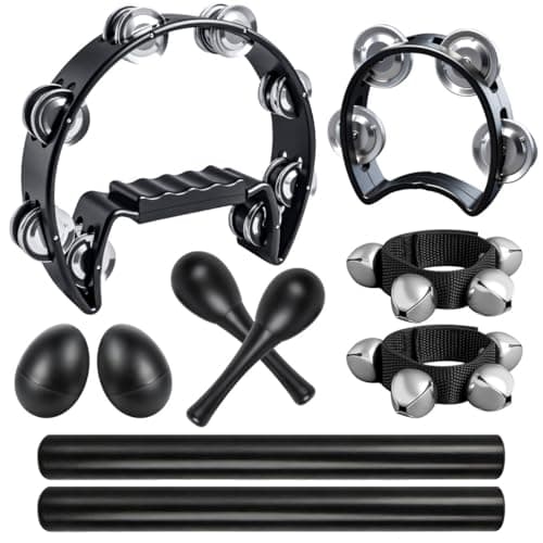 10 Pcs Black Tambourines for Adults And Kids - Half Moon Tambourine, Wood Rhythm Sticks, Bells Tambourine, Wrist Bells, Egg Shakers, a Pair Maracas, Musical Percussion Instrument Set for Church,Party