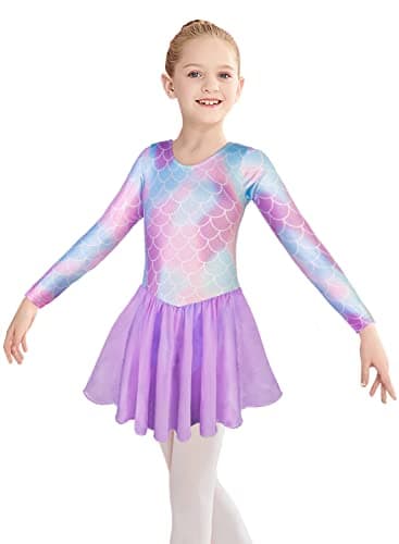 Belovance Girls Gymnastics Skirted Leotards size 8 9 Long Sleeve Purple Ballet Tutu Dance Dress Mermaid Gymnastic Skirt (S Long Sleeves Mermaid Purple, 150(8-9 years old))