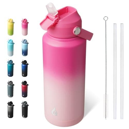 BJPKPK Water Bottle with Straw Lid, 32oz Vacuum Insulated Water Bottles, Metal Stainless Steel Thermo for Sports, Travel, BPA Free Leak Proof Thermo, Cups, Flasks, Tumblers,Cherry