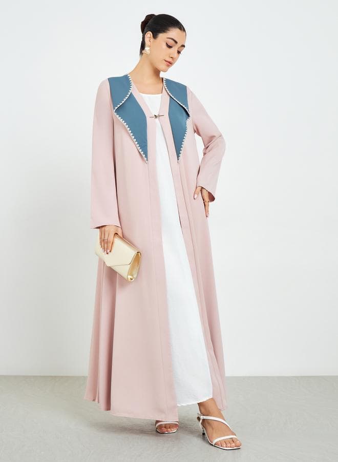 Beige Color Block Open Front Abaya