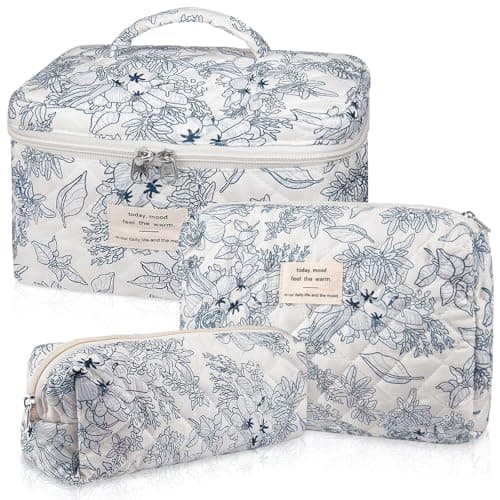 Gosect Makeup Bag Set, Quilted Floral Cosmetic Bags for Women, Cute Cotton Makeup Organizer, Travel Toiletry Bag Set (Navy Blue)