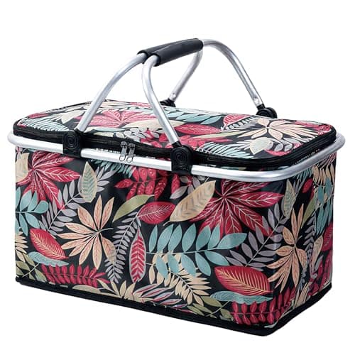 Insulated Picnic Basket for 2 Collapsible Shopping Baskets with 29L Large Market Basket with Handles Folding Grocery Basket Insulated Cooler Bag for Picnic Travel Food Delivery Market Shopping Red