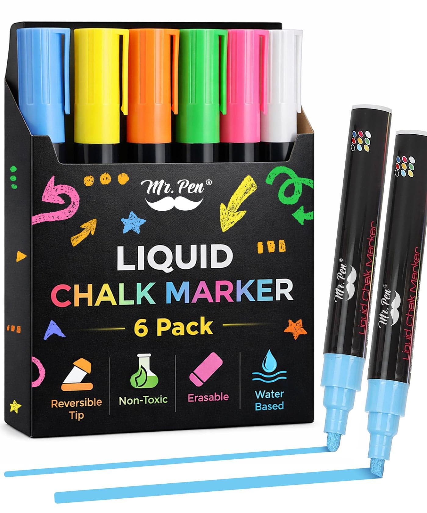 Mr Pen Liquid Chalk Markers 6 Pack Reversible Tip Vibrant Colors Erasable Chalk Marker NonToxic WaterBased Chalkboard Markers for Window and Glass Washable Window Paint Marker