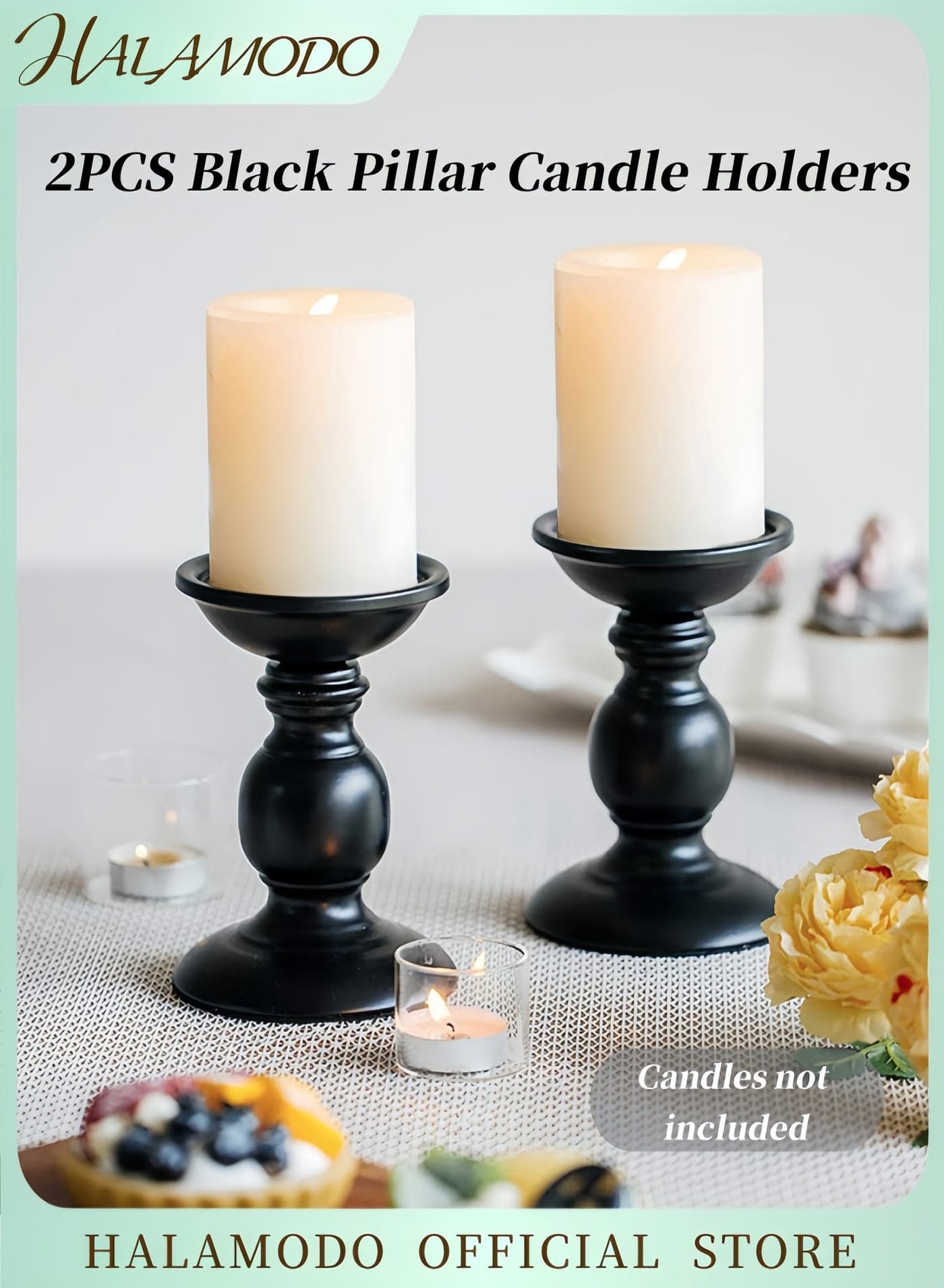 2PCS Black Pillar Candle Holders Metal Candlestick Decorative Candlestick Holder Candle Stands for Fireplace & Dinning Table & Home & Party & Wedding Decor