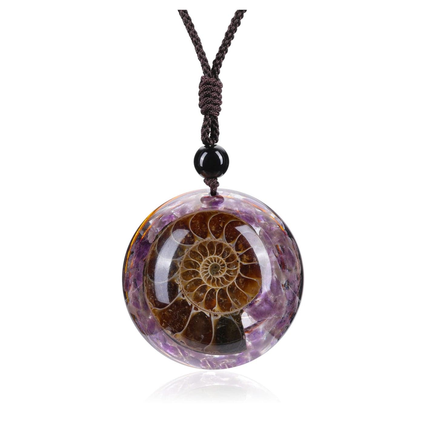 Jovivi Amethyst Reki Healing Crystal Necklace Round Circle Shape Ammonite Fossil Spiral Resin Chip Stones Pendant Necklace for Women Men Quartz Jewelry