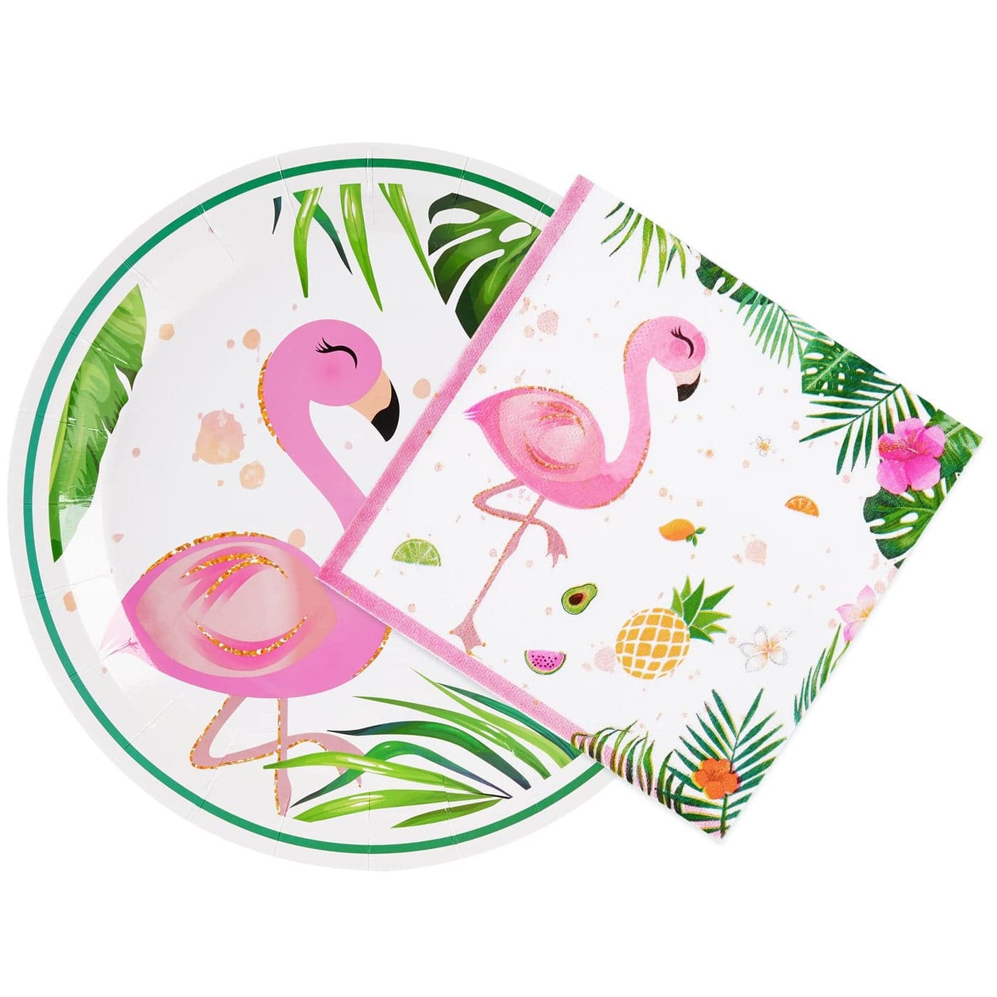 WERNNSAI Flamingo Plates and Napkins Set Serves 50 Guests 100 PCS Hawaiian Luau Party Supplies Disposable Tableware Set Dinner Luncheon Plates Napkins for Birthday Baby Shower Wedding Party