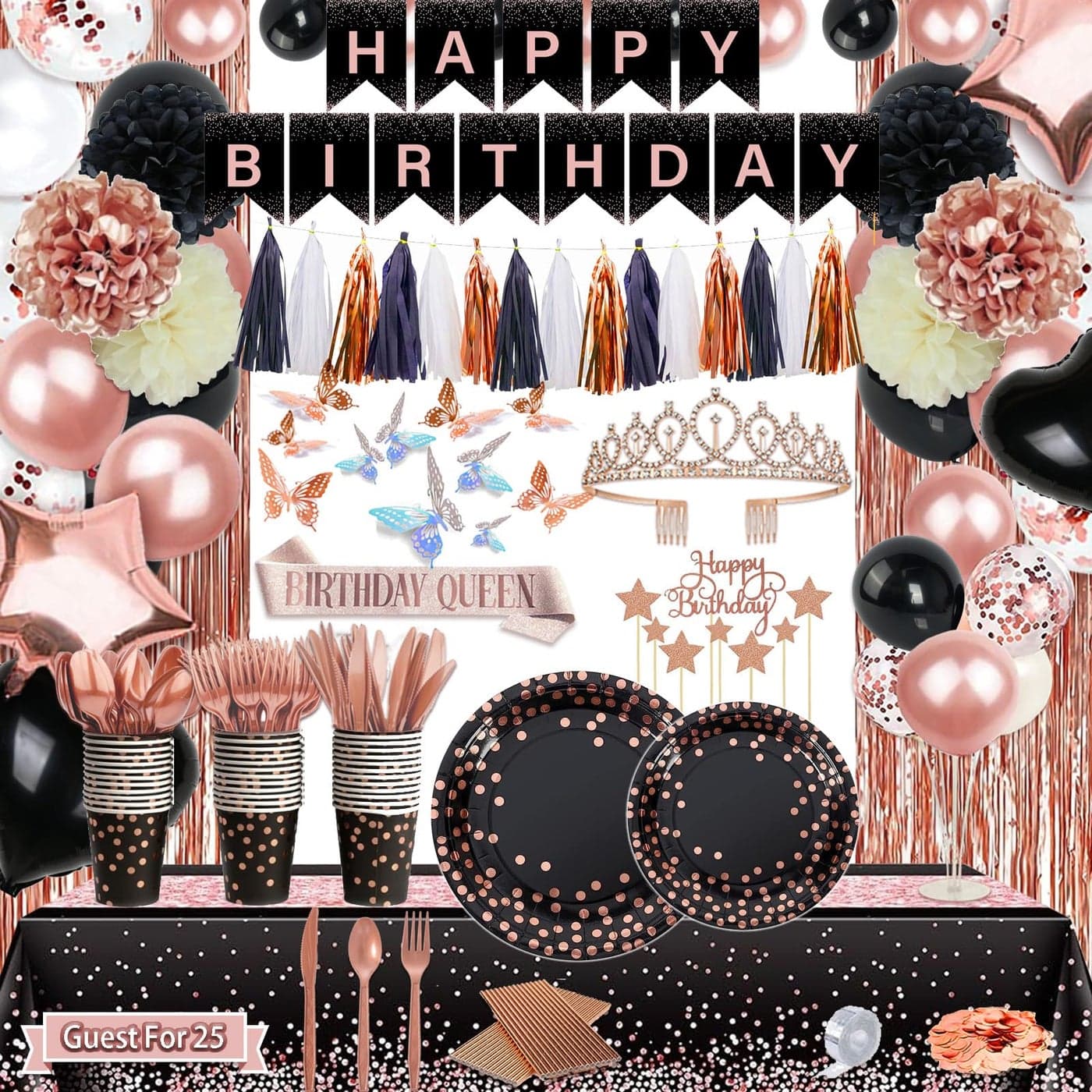Guudmua 295 Pcs Black And Rose Gold Birthday Decorations Birthday Decorations for Women or Girl Kit Disposable Dinnerware Set with 25 Guest Balloons Sash Tiara Banner Paper Pom Poms