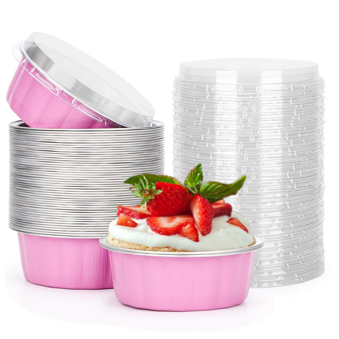 Beasea 8 oz 50 Pack Disposable Ramekins with Lids Pink Aluminum Cups Aluminum Foil Cups Creme Brulee Muffin Cupcake Baking Cup Mini Pudding Cups for Party Wedding Birthday Baking