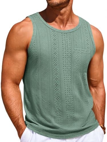 Runcati Mens Tank Tops Casual Sleeveless Hollow Out T-Shirts Muscle Summer Beach Hippie Shirts with Pocket Green