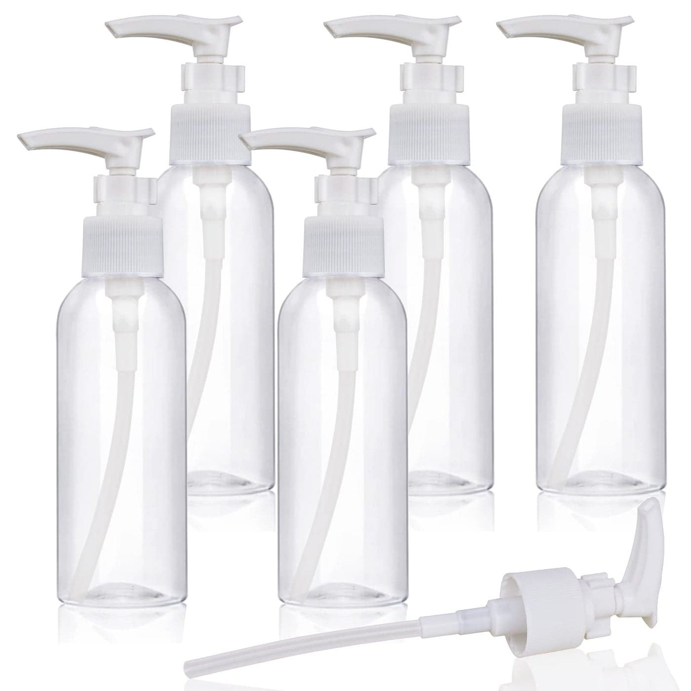 5 Pack Travel Bottles Pump Bottles Dispenser 34oz100ml Plastic Lotion Pump Bottle Clear Travel Toiletry Bottles with Extra 1 Pump Leak Proof for Makeup Cosmetic Containers White