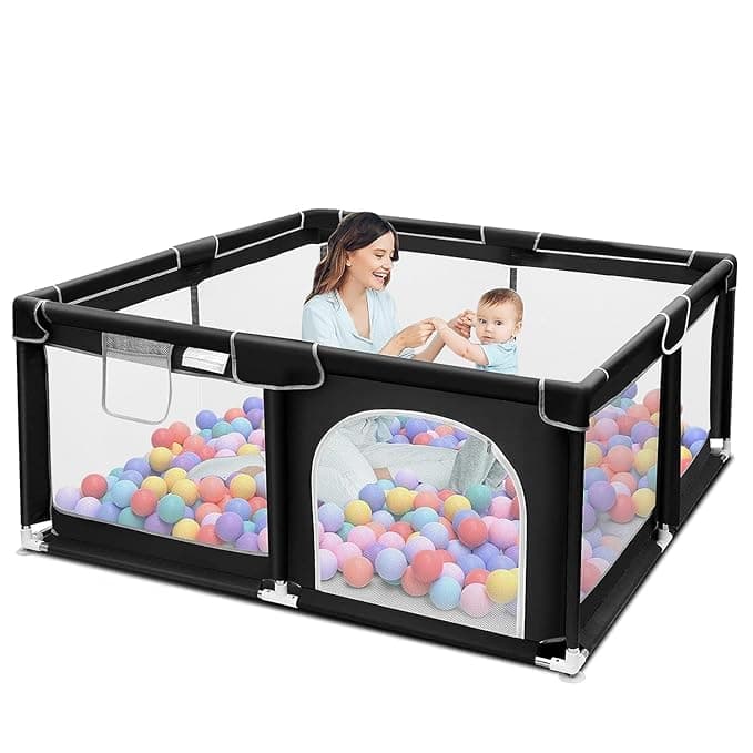 SAMUSAGYA Baby Playpen with Ball – Portable Play Yard with Breathable Mesh Panels |Toddler Safety Fence for Indoor & Outdoor Use | Activity for Babies, Boys & Girls (Black)