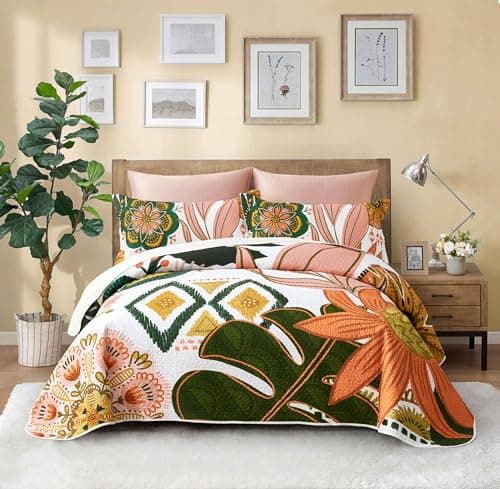 Tyrot 3 Piece Boho Floral Californial King Size Quilt Sets Farmhouse Reversible Lightweight Bedspread Coverlet with 2 Shams Mid Century Leaves Microfiber Bedding Quilts Set for All Season, 118''x106''