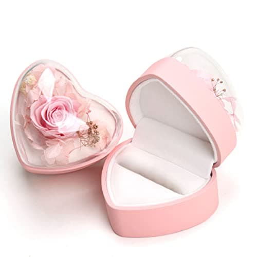 Preserved Flower Rose Ring Box, Heart Shape Velvet Jewelry Box for Valentine's Day Mother's Day Wedding Anniversary Birthday Gift, Pink